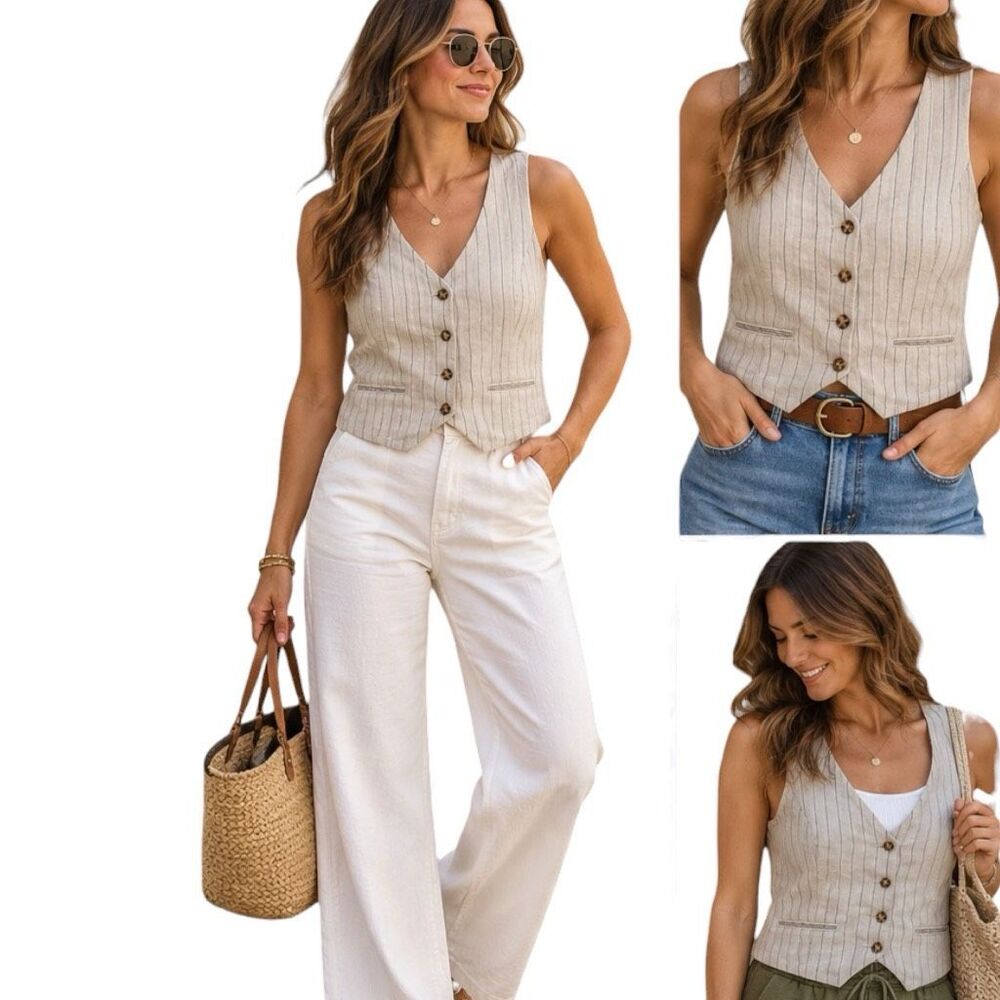 Lucky Brand Hemp Cotton Button Front Vest Size Medium Oatmeal with Navy Stripes